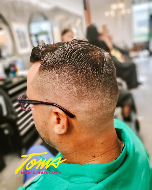close-up of a client’s haircut at Tom’s Haircuts